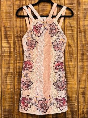Anthropologie Foxiedox Light Mauve Pink Nude Floral Lace Overlay Dress